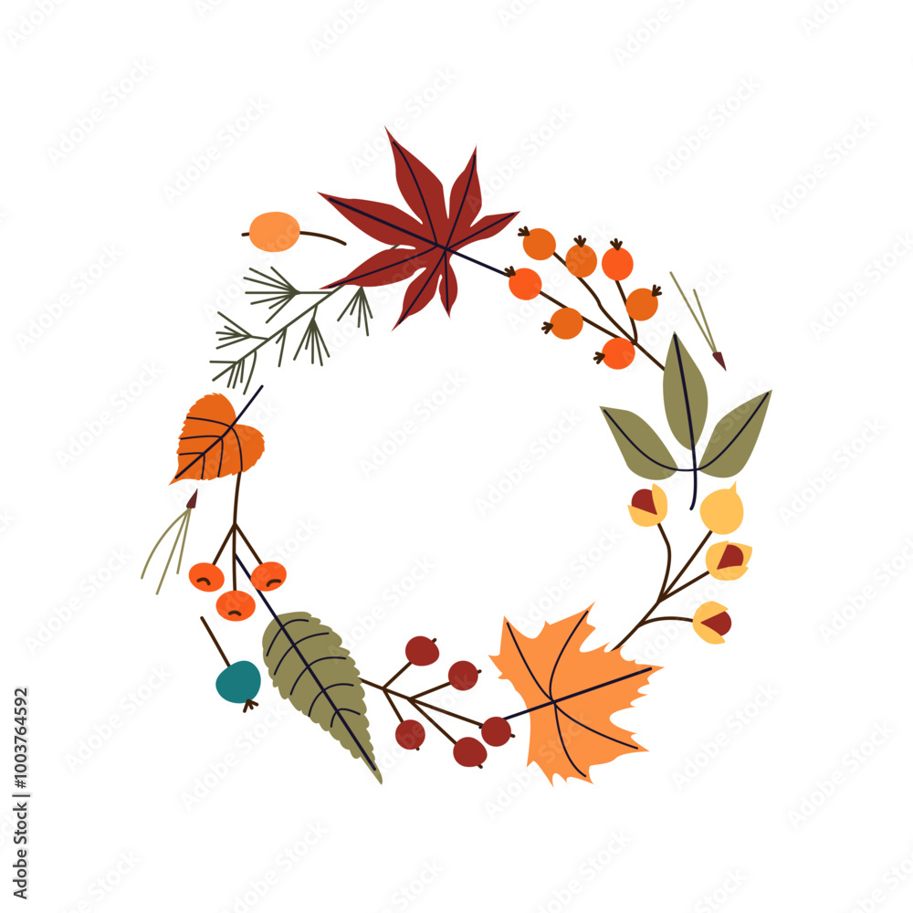 Autumn round botanical wreath with fall leaves, berries, branchlets. Vector autumn illustration. Hand drawn illustration for poster, prints, cards Autumn round botanical wreath with fall leaves, berries, branchlets. Vector autumn illustration. Hand drawn illustration for poster, prints, cards
