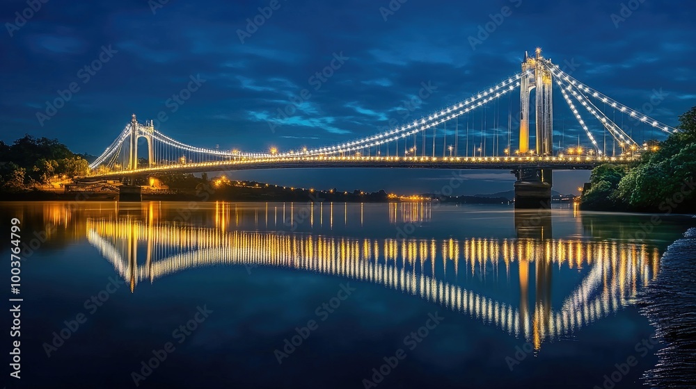 Fototapeta premium Twilight Illuminated Bridge over Calm Water