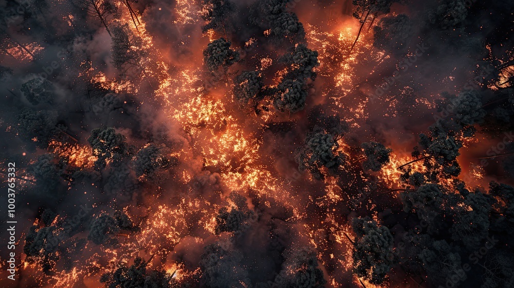 Strong fire in an empty forest Fire spreads in a united front strong smoke from the burning place View from above vertically from top to bottom natural disaster Strong fire in an empty forest Fire spreads in a united front strong smoke from the burning place View from above vertically from top to bottom natural disaster