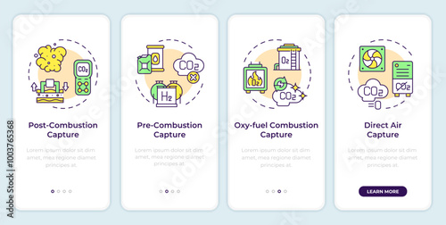 Carbon capture technologies onboarding mobile app screen. Walkthrough 4 steps editable graphic instructions with linear concepts. UI, UX, GUI template. Montserrat SemiBold, Regular fonts used