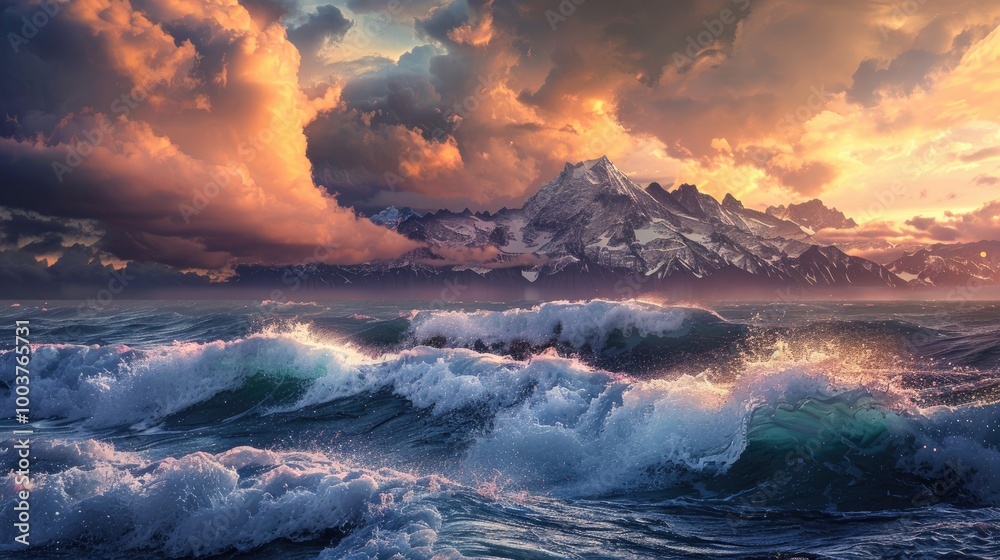 Fototapeta premium Idyllic view of seascape and snowcapped mountain range against storm clouds during sunset