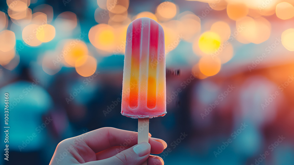 Hand Holding a Colorful Ice Cream Popsicle with a Bokeh Background Hand Holding a Colorful Ice Cream Popsicle with a Bokeh Background