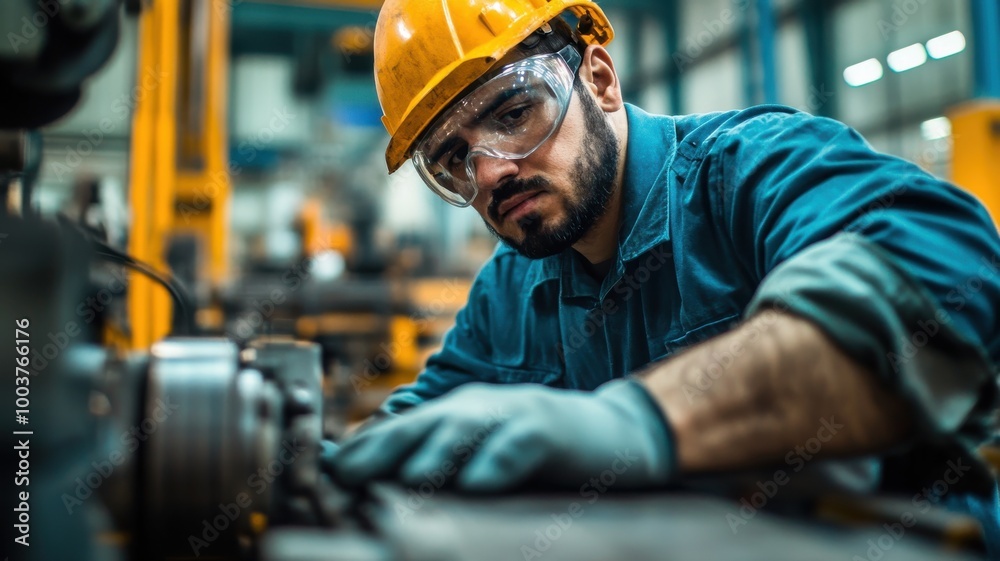 Focused worker in safety gear operating machinery in factory environment. Focused worker in safety gear operating machinery in factory environment.