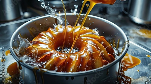 Greasing bunt cake pan to bake apple bundt cake with caramel glaze photo