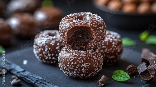 Chocolate Timbits with a rich, dark coating, served on a slate board with contrasting light highlighting the deep color, Timbit, indulgent snack concept photo