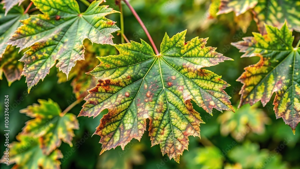 Foliage of a Tatarian maple tree covered in powdery mildew a common fungal disease, leaf discoloration, summer, nature, fungus, tree infection, horticulture, close-up, leaf blight, foliage Foliage of a Tatarian maple tree covered in powdery mildew a common fungal disease, leaf discoloration, summer, nature, fungus, tree infection, horticulture, close-up, leaf blight, foliage