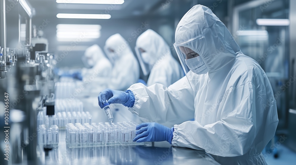 Scientists conduct research in a sterile laboratory environment, collaborating on experiments involving samples and vials