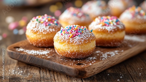 Close-up of freshly baked Timbits with a variety of toppings like sprinkles, powdered sugar, and glaze, placed on a rustic wooden board, Timbit, fun snack concept