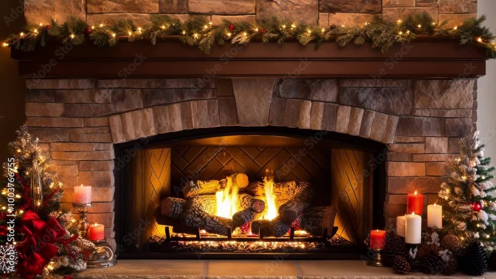 Warm fire is burning brightly in the fireplace decorated for the holidays with a garland and candles on the mantle. The fire is providing warmth and christmas cheer on a cold winter night Warm fire is burning brightly in the fireplace decorated for the holidays with a garland and candles on the mantle. The fire is providing warmth and christmas cheer on a cold winter night