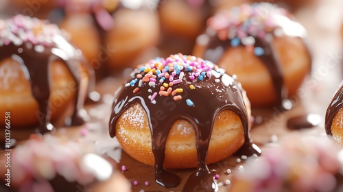 Timbits with chocolate drizzle and sprinkles, close-up shot highlighting the glossy glaze and playful toppings, Timbit, fun dessert concept photo