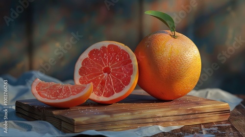 Juicy and fresh grapefruits on a wooden board photo