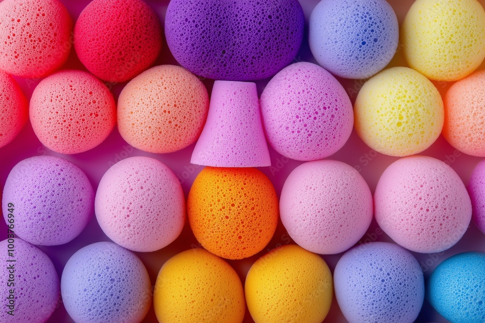 A vibrant collection of beauty sponges arranged in a creative pattern. A vibrant collection of beauty sponges arranged in a creative pattern.