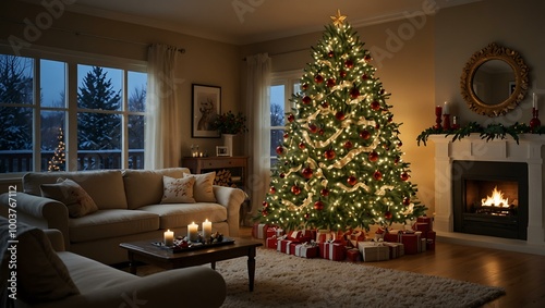 A festive living room with Christmas decorations and a twinkling tree.