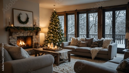 A festive winter living area decorated for Christmas with a snowy backdrop.