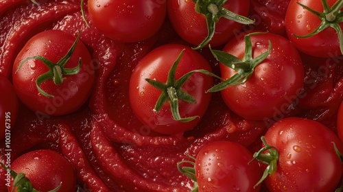 top view of tomato paste with ripe tomatoes photo