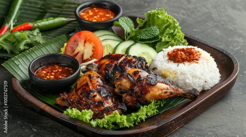 Grilled chicken served with rice chili paste slice of cucumber tomato and lettuce leaves Nasi ayam bakar lalapan sambal authentic recipe of Indonesian grilled chicken with bamboo tray