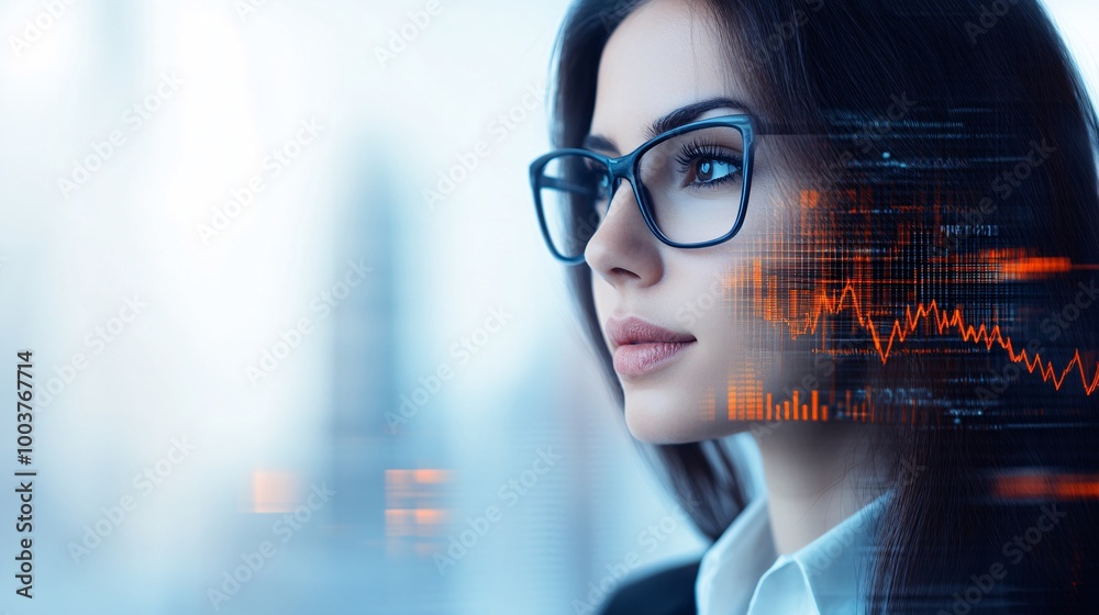 A business woman executive in deep thought, surrounded by floating digital interfaces showing real-time analytics and futuristic data projections, set against a white background, A business woman executive in deep thought, surrounded by floating digital interfaces showing real-time analytics and futuristic data projections, set against a white background,