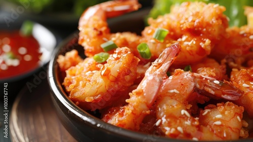 Deep fried shrimps with sweet chili sauce photo