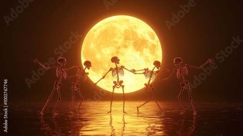 Four skeletons dancing under a large glowing moon at night.