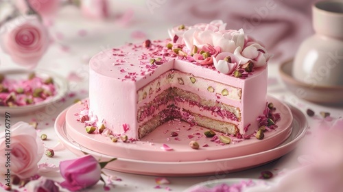 Pink Dreamy Cake with Pistachios and Rosepetals photo