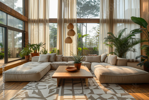Interior design, modern natural wood living room 