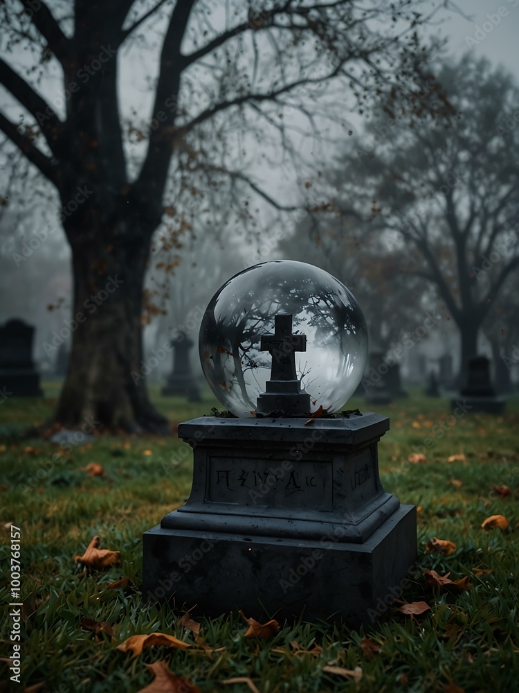 A glowing crystal ball with swirling fog, set against blurred dark drapes and a hazy cemetery, capturing Halloween's mystical essence. A glowing crystal ball with swirling fog, set against blurred dark drapes and a hazy cemetery, capturing Halloween's mystical essence.