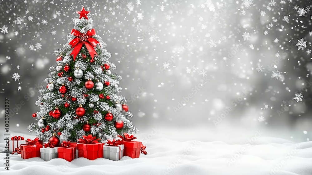 Christmas tree with gifts on snow background, silver gray color palette Christmas tree with gifts on snow background, silver gray color palette