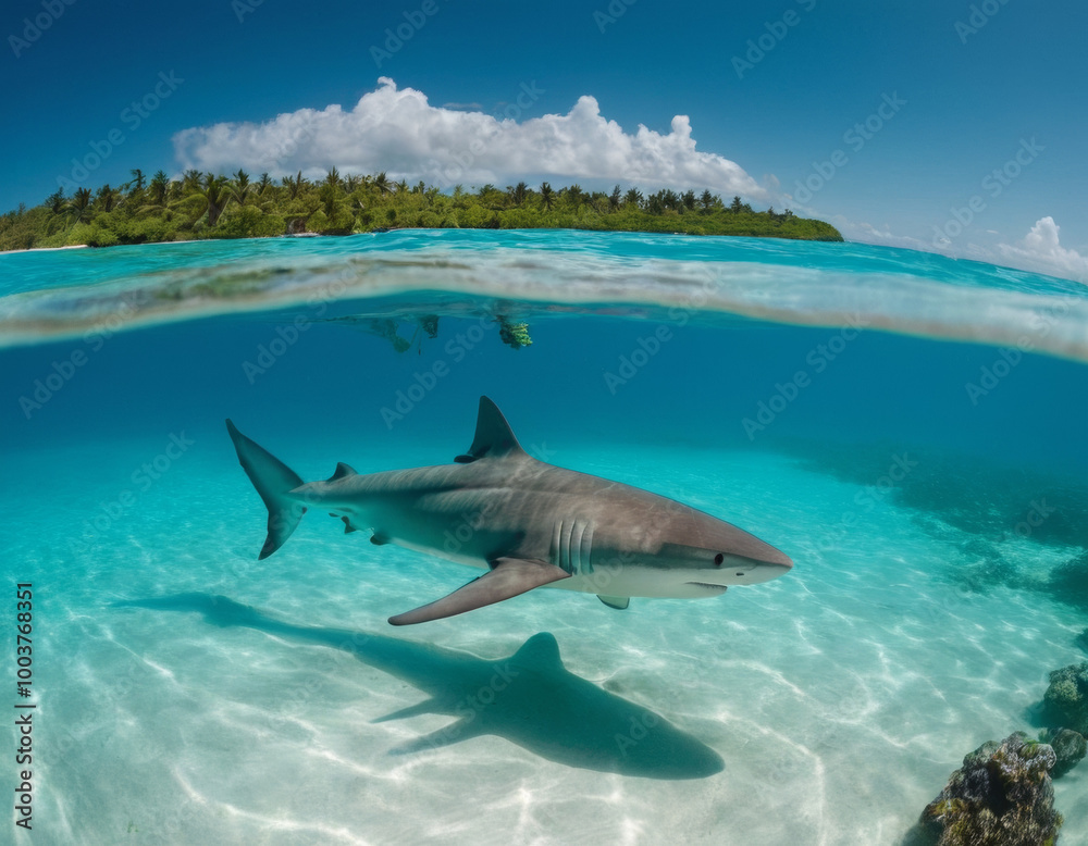 Fototapeta premium A solitary shark gliding through crystal-clear turquoise waters near the shoreline, illustrating the serene yet powerful presence of marine life in nature 