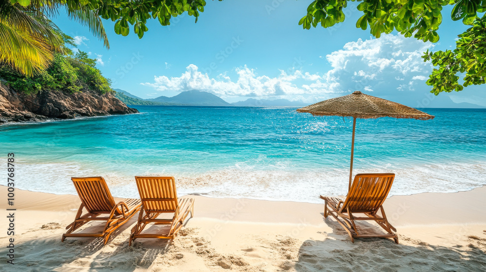Obraz premium Umbrella and wooden chairs on tropical Caribbean beach