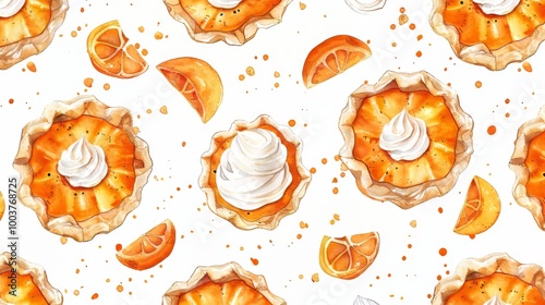 Pumpkin pie with whipped cream topping on white background, drawing pattern