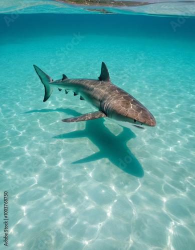A solitary shark gliding through crystal-clear turquoise waters near the shoreline, illustrating the serene yet powerful presence of marine life in nature 