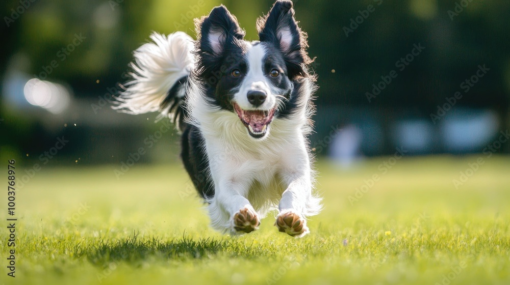 Happy Dog Running on Green Grass in Sunshine Happy Dog Running on Green Grass in Sunshine