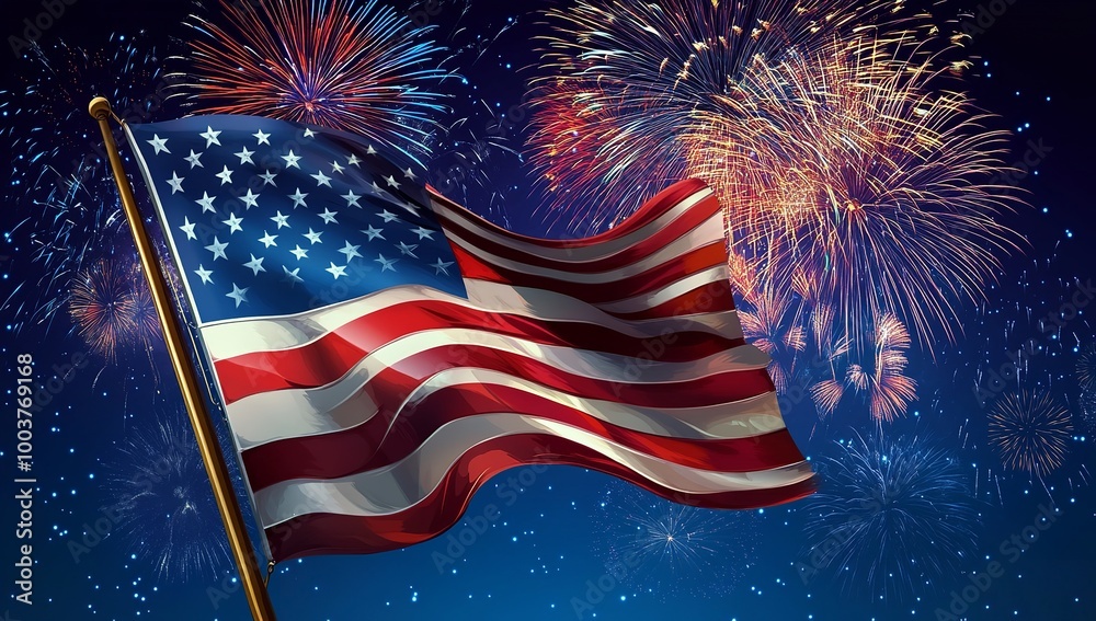 Fourth of July Banner - American Independence Day, 4th of July Design USA, Greeting Card and Poster Design with US Flag and Fireworks on Dark Blue Background Pro Vector Fourth of July Banner - American Independence Day, 4th of July Design USA, Greeting Card and Poster Design with US Flag and Fireworks on Dark Blue Background Pro Vector