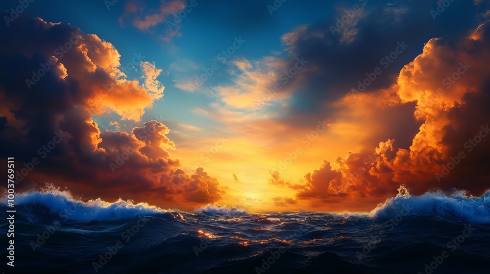Stunning sunset over the ocean with vibrant clouds and gentle waves, creating a serene atmosphere. Stunning sunset over the ocean with vibrant clouds and gentle waves, creating a serene atmosphere.