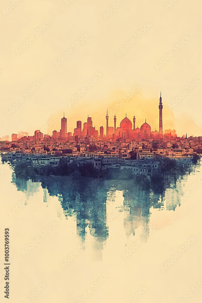 Naklejka premium Erbil, Iraq, color pen pencil hand-drawn effect drawing illustration for travel poster, card, wallpaper, backdrop or banner. Modern, clear, artistic and simple