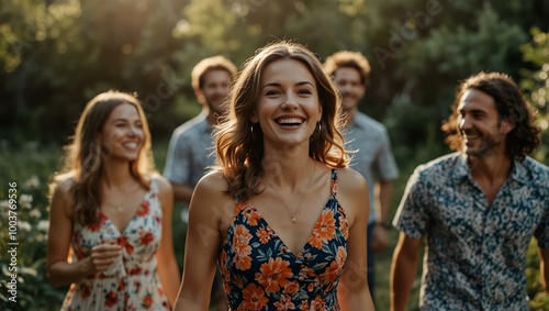 A joyful nature gathering, showcasing a woman in a floral dress with friends, all smiling.