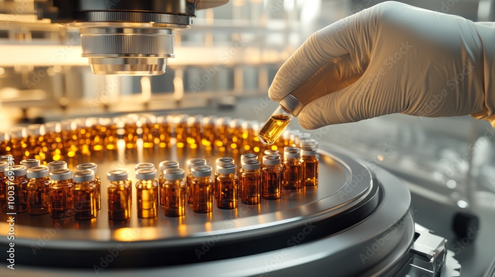 A person is holding a bottle of medicine in a factory A person is holding a bottle of medicine in a factory