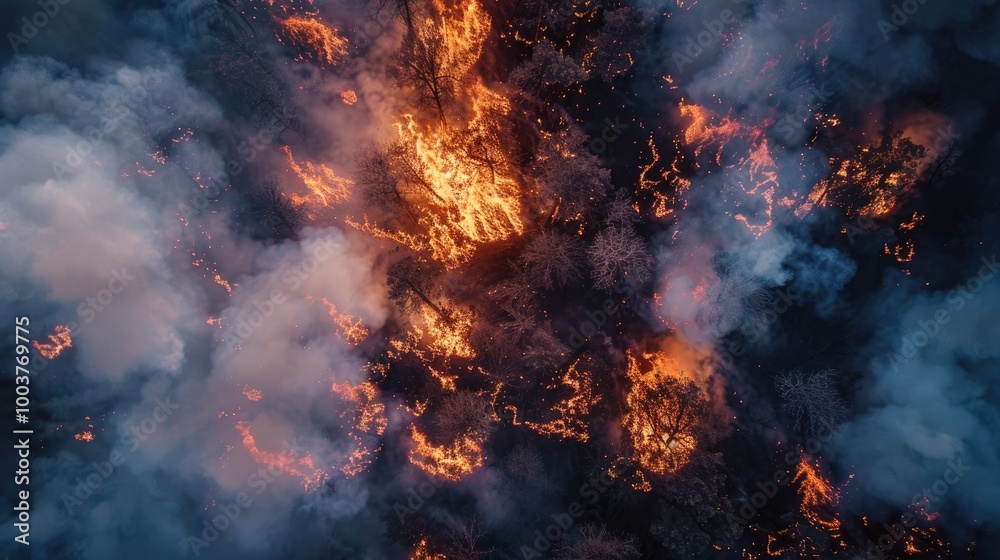 Aerial drone top view of fire or wildfire in forest with huge smoke clouds burning dry trees and grass Aerial drone top view of fire or wildfire in forest with huge smoke clouds burning dry trees and grass