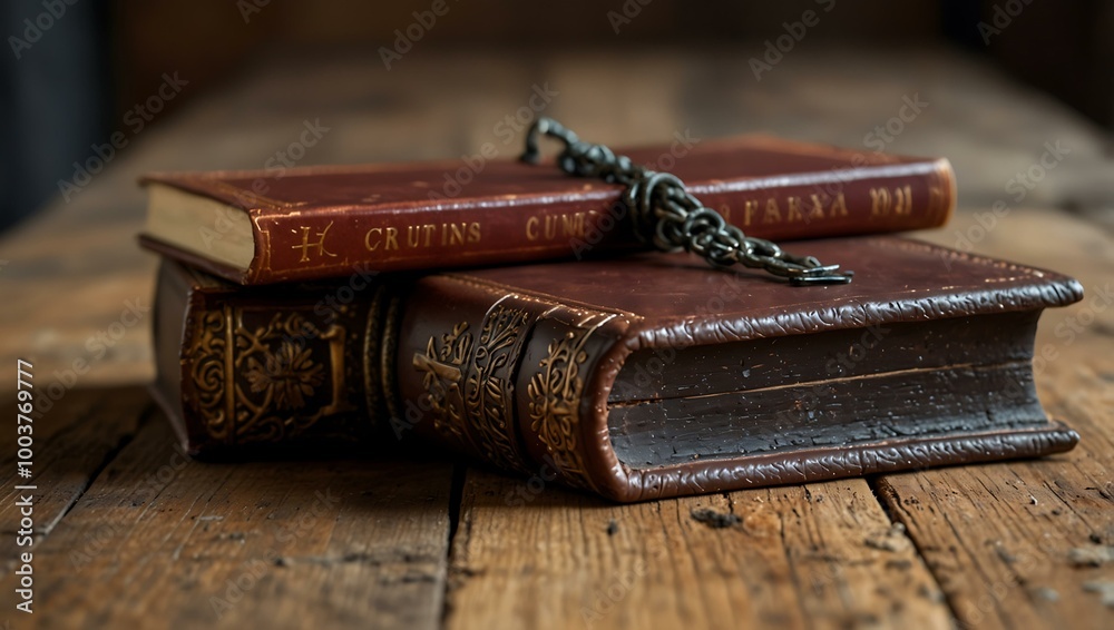 A leather-bound book with a cross invites reflection on a rustic wooden table. A leather-bound book with a cross invites reflection on a rustic wooden table.