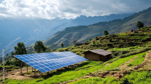 A solar farm powering a remote village, demonstrating renewable energys potential for sustainable development