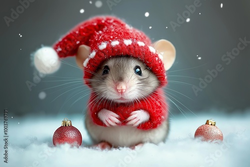 Small brown and white mouse wearing a red hat and a red sweater. The mouse is holding two red balls in its paws. a christmas mouse