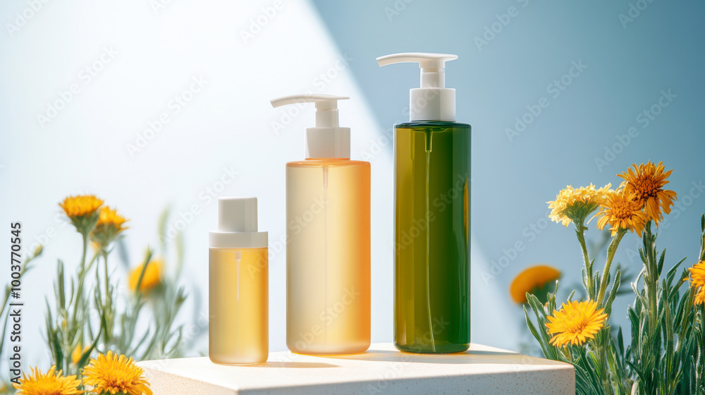 bright blue sky background, two facial cleansers on the steps, there is little foam in the corner, bright blue sky background, two facial cleansers on the steps, there is little foam in the corner,