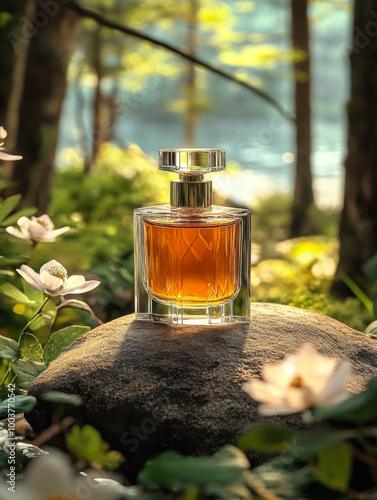 A bottle of amber-colored perfume is placed on the stone