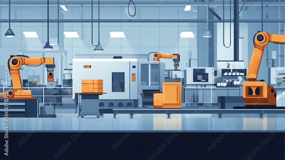 Robotic arms working efficiently in a modern manufacturing facility during daylight hours Robotic arms working efficiently in a modern manufacturing facility during daylight hours