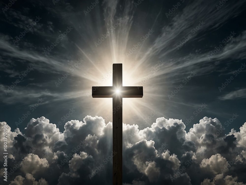 A luminous cross stands amidst soft clouds, symbolizing hope and resurrection. A luminous cross stands amidst soft clouds, symbolizing hope and resurrection.
