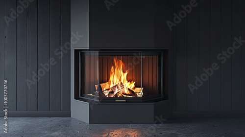 Burning wood in a modern fireplace with a closed combustion chamber standing in the living room painted black with a corner pane photo