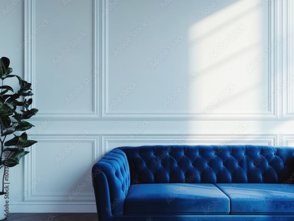 Obraz premium Modern Blue Velvet Sofa in Empty Room