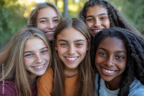 Group of young women with long hair are smiling for the camera. A group of happy, diverse teenagers is posing for a cheerful selfie outdoors, with a backdrop of greenery, all sharing genuine smiles.