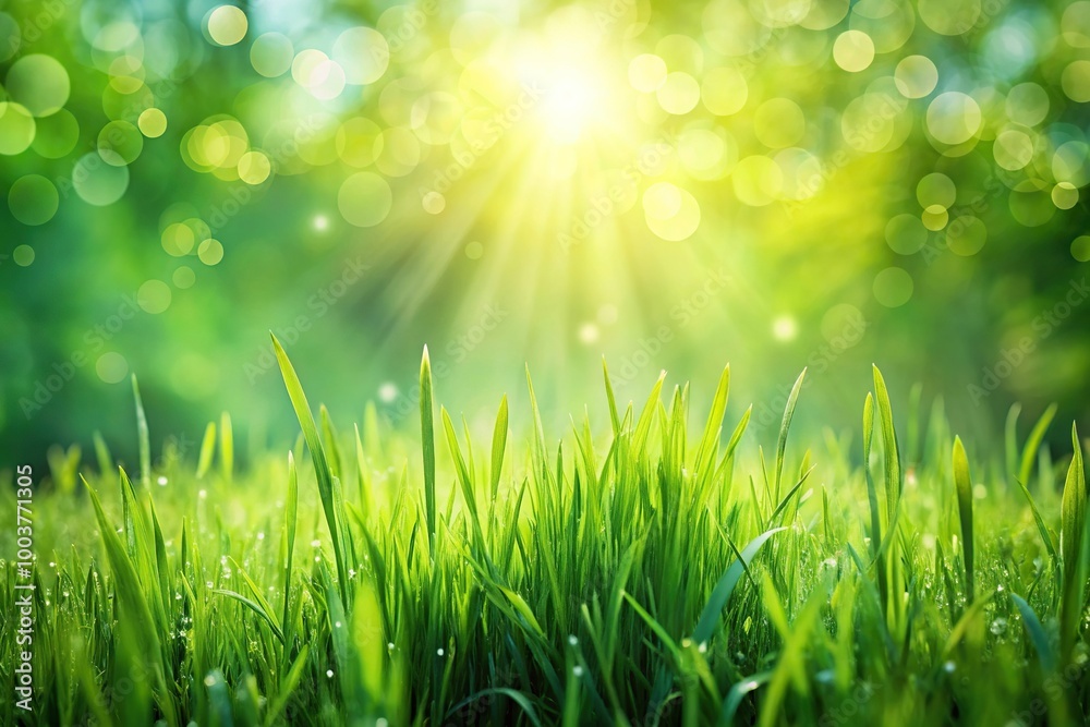 Juicy lush green grass on meadow with dew drops and shallow depth of field