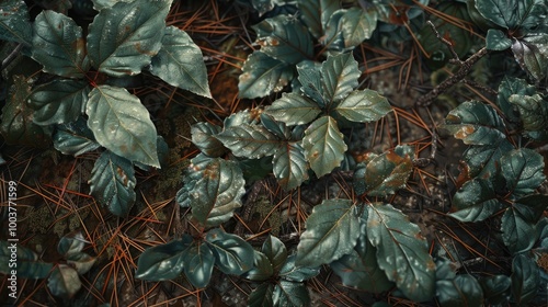 Oil on a poison ivy plant s leaves glistening on a woodland s floor that is covered in pine needles photo